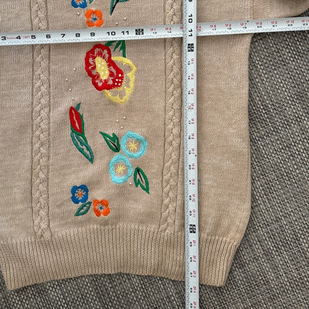 IB DIFFUSION Ramie/Cotton Embroidered Floral Crewneck Long Slv Sweater Beige M - Picture 4 of 4